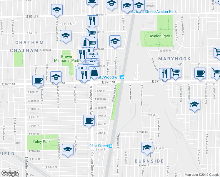 map of restaurants, bars, coffee shops, grocery stores, and more near 885 East 87th Street in Chicago