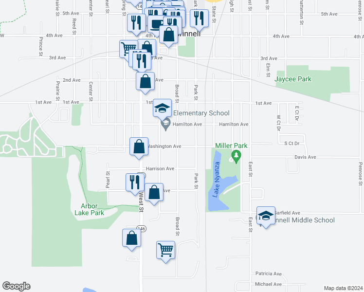 map of restaurants, bars, coffee shops, grocery stores, and more near 901-999 Washington Avenue in Grinnell