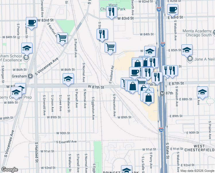 map of restaurants, bars, coffee shops, grocery stores, and more near 324 W 87th St in Chicago