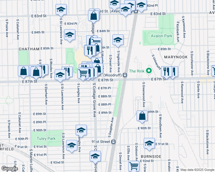 map of restaurants, bars, coffee shops, grocery stores, and more near 844 East 87th Place in Chicago