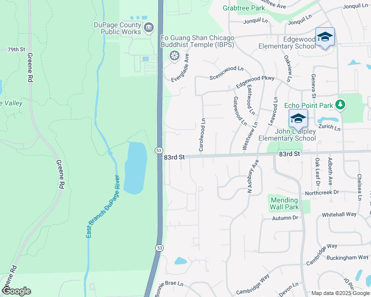 map of restaurants, bars, coffee shops, grocery stores, and more near 3240 83rd Street in Woodridge