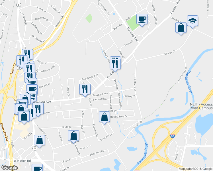 map of restaurants, bars, coffee shops, grocery stores, and more near 20 Castle Drive in Cranston