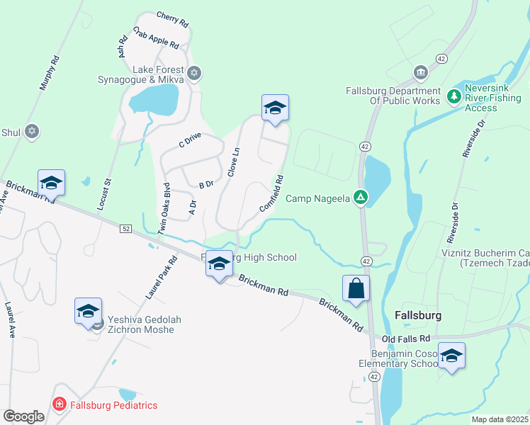 map of restaurants, bars, coffee shops, grocery stores, and more near 28 Cornfield Road in Fallsburg