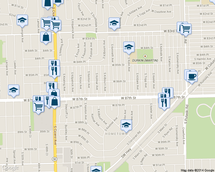 map of restaurants, bars, coffee shops, grocery stores, and more near 8613 S Kilbourn Ave in Chicago