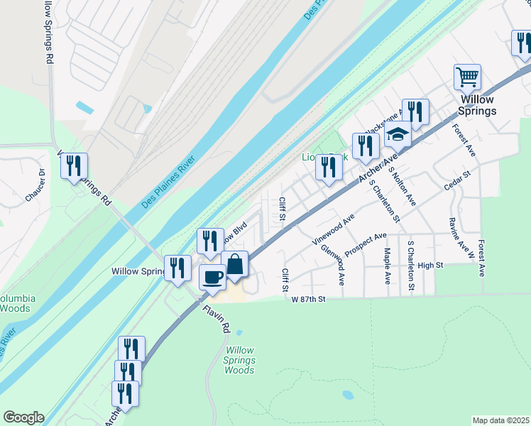 map of restaurants, bars, coffee shops, grocery stores, and more near 143 Willow Boulevard in Willow Springs