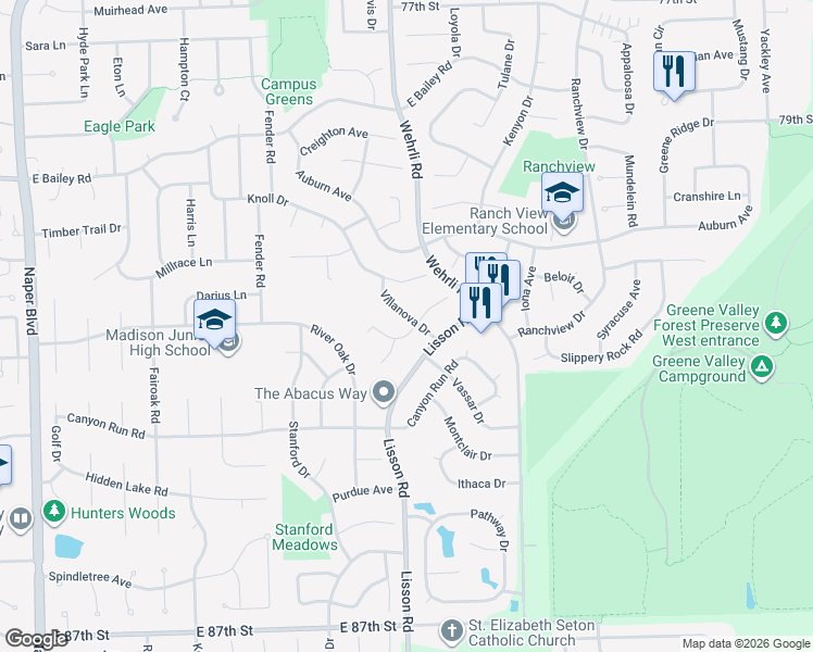 map of restaurants, bars, coffee shops, grocery stores, and more near 1601 Fordham Court in Naperville