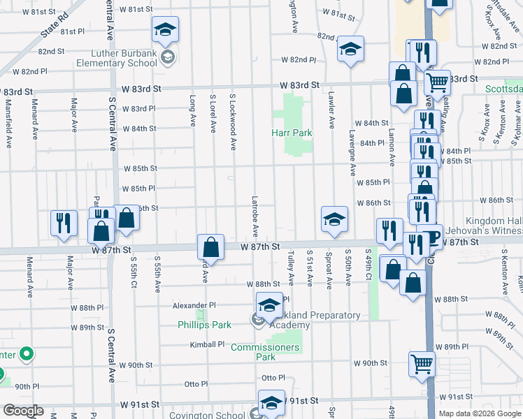map of restaurants, bars, coffee shops, grocery stores, and more near 8601 Latrobe Avenue in Burbank