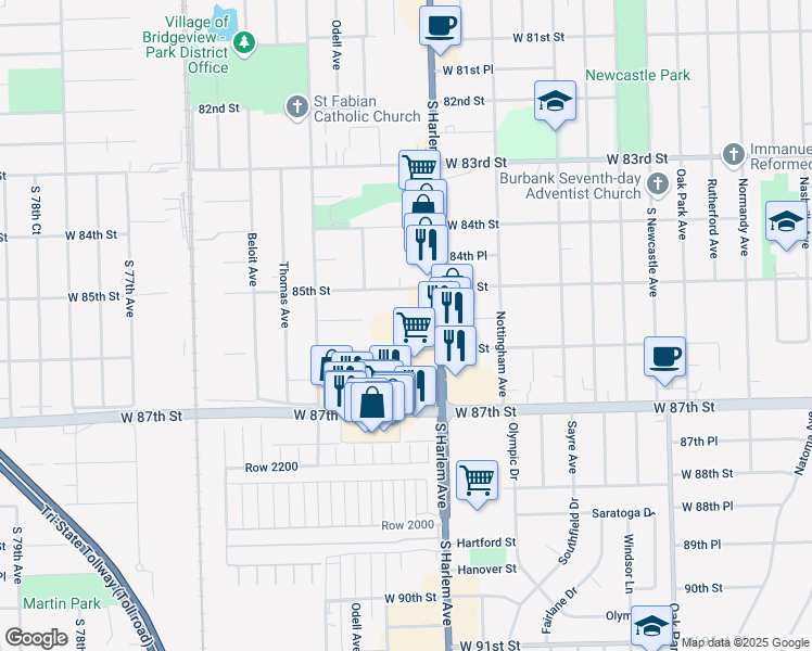 map of restaurants, bars, coffee shops, grocery stores, and more near 8540 South Harlem Avenue in Bridgeview