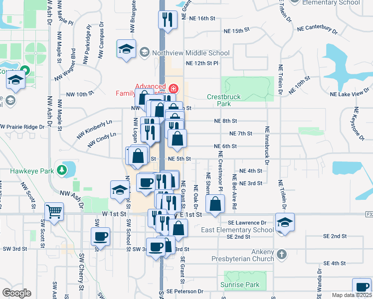 map of restaurants, bars, coffee shops, grocery stores, and more near 201 Northeast 6th Street in Ankeny