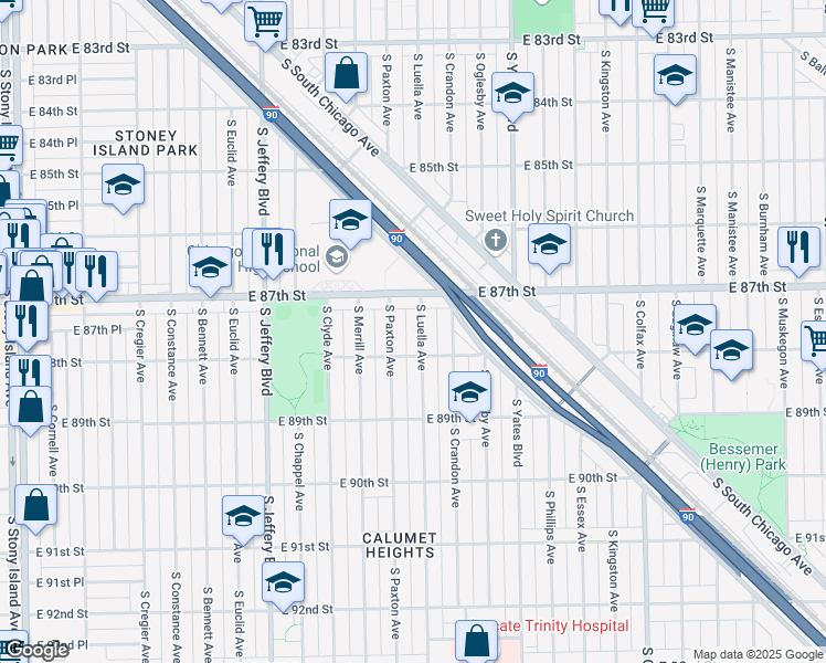 map of restaurants, bars, coffee shops, grocery stores, and more near 8738 South Luella Avenue in Chicago