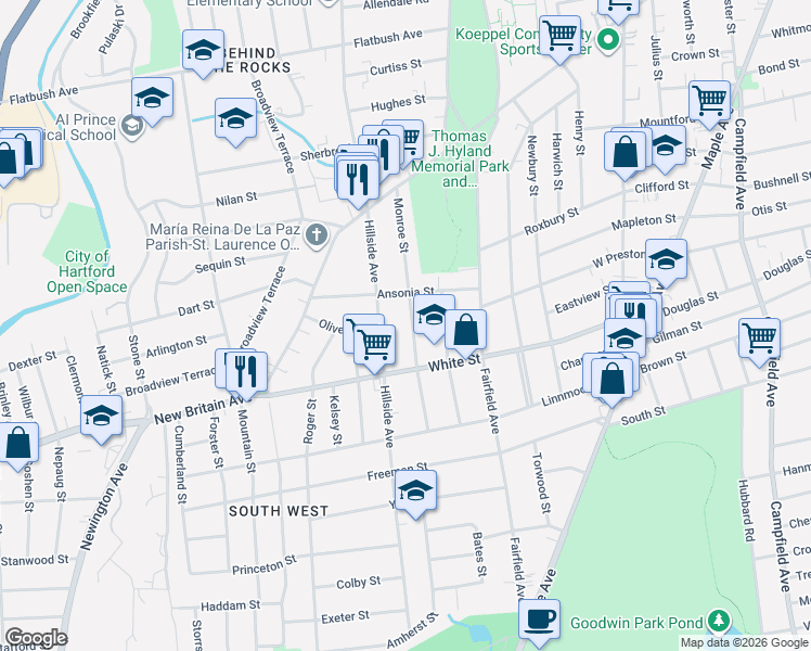 map of restaurants, bars, coffee shops, grocery stores, and more near 142 Monroe Street in Hartford