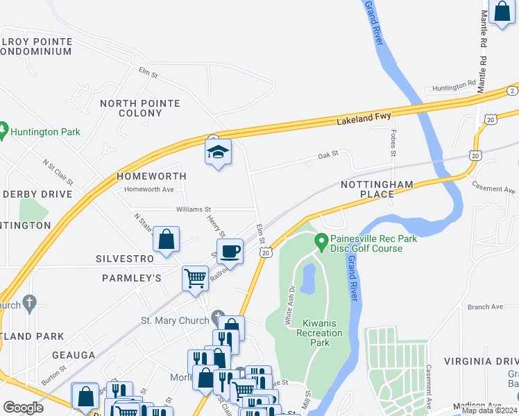 map of restaurants, bars, coffee shops, grocery stores, and more near 496 Elm Street in Painesville