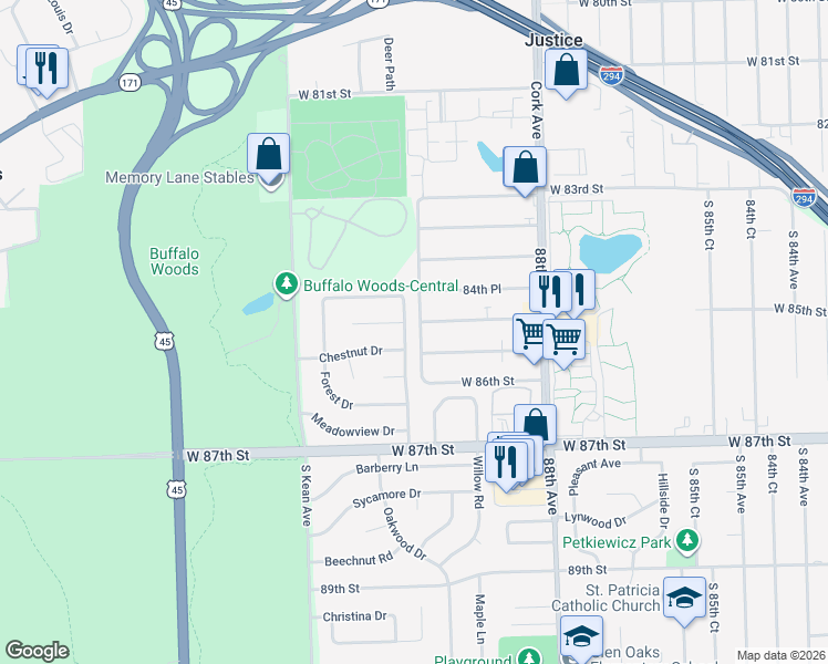 map of restaurants, bars, coffee shops, grocery stores, and more near 8959 West 85th Street in Justice