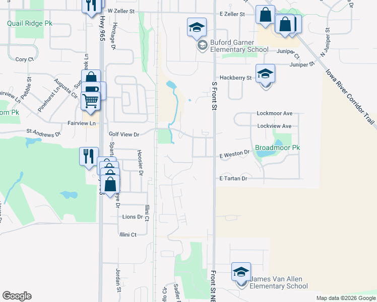 map of restaurants, bars, coffee shops, grocery stores, and more near 645 Rachael Street in North Liberty