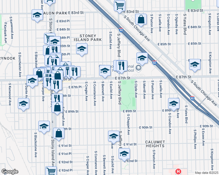 map of restaurants, bars, coffee shops, grocery stores, and more near 8732 South Euclid Avenue in Chicago