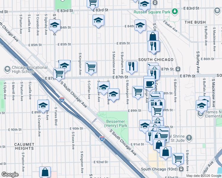 map of restaurants, bars, coffee shops, grocery stores, and more near 8743 South Marquette Avenue in Chicago