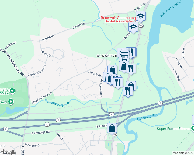 map of restaurants, bars, coffee shops, grocery stores, and more near 79 Pollack Road in Mansfield