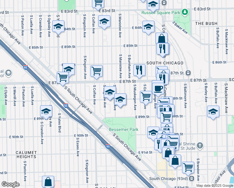 map of restaurants, bars, coffee shops, grocery stores, and more near 8743 South Marquette Avenue in Chicago