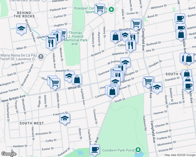 map of restaurants, bars, coffee shops, grocery stores, and more near 200 Newbury Street in Hartford