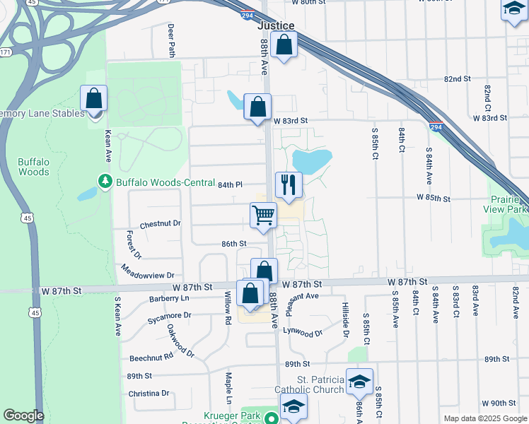 map of restaurants, bars, coffee shops, grocery stores, and more near 8510 South 88th Avenue in Justice
