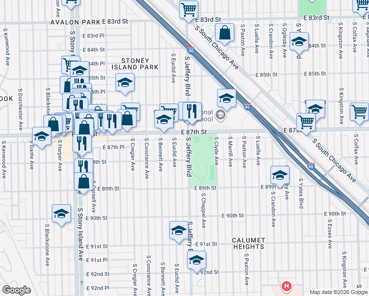 map of restaurants, bars, coffee shops, grocery stores, and more near 8732 South Jeffery Boulevard in Chicago