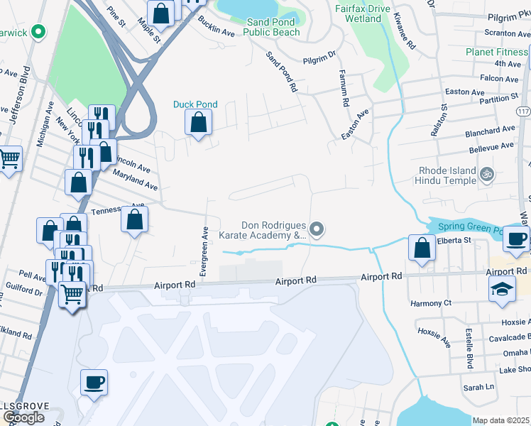 map of restaurants, bars, coffee shops, grocery stores, and more near 145 Commerce Drive in Warwick