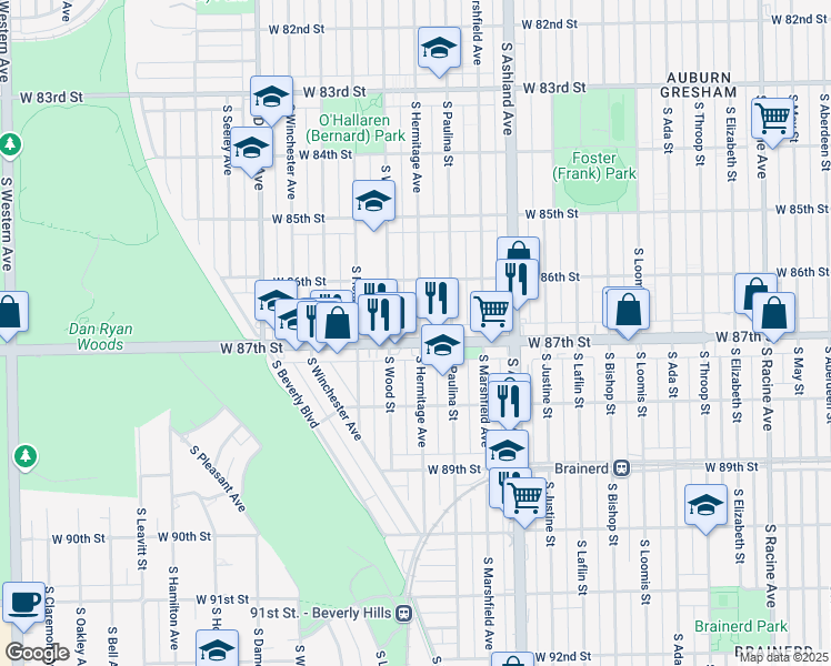 map of restaurants, bars, coffee shops, grocery stores, and more near 1734 West 87th Street in Chicago