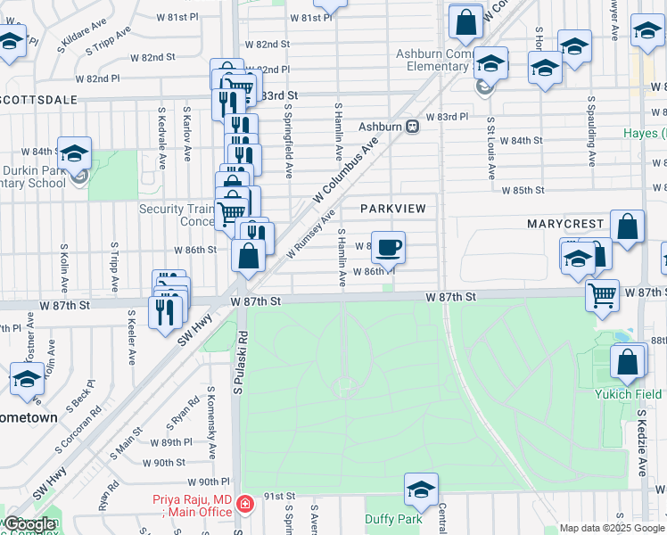 map of restaurants, bars, coffee shops, grocery stores, and more near 3808 West 86th Place in Chicago