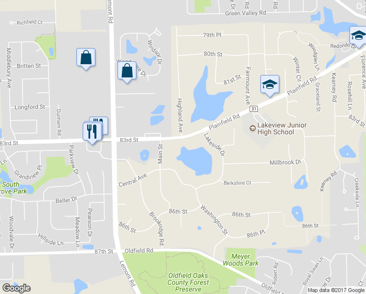 map of restaurants, bars, coffee shops, grocery stores, and more near 965 83rd Street in Downers Grove