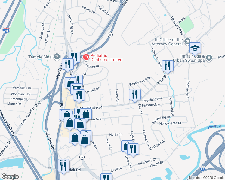 map of restaurants, bars, coffee shops, grocery stores, and more near 602 Woodhaven Court in Cranston
