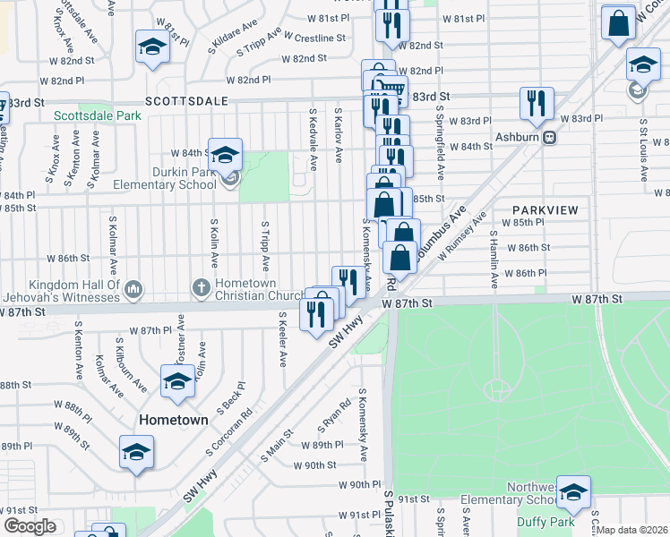 map of restaurants, bars, coffee shops, grocery stores, and more near 8617 South Kedvale Avenue in Chicago