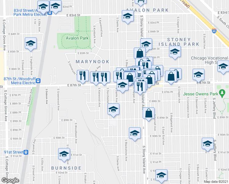 map of restaurants, bars, coffee shops, grocery stores, and more near 8724 South Dante Avenue in Chicago