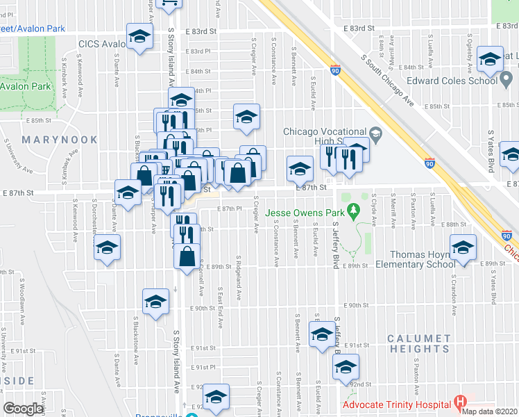 map of restaurants, bars, coffee shops, grocery stores, and more near 8729 South Cregier Avenue in Chicago