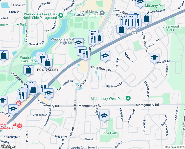 map of restaurants, bars, coffee shops, grocery stores, and more near 845 Terrace Lake Drive in Aurora