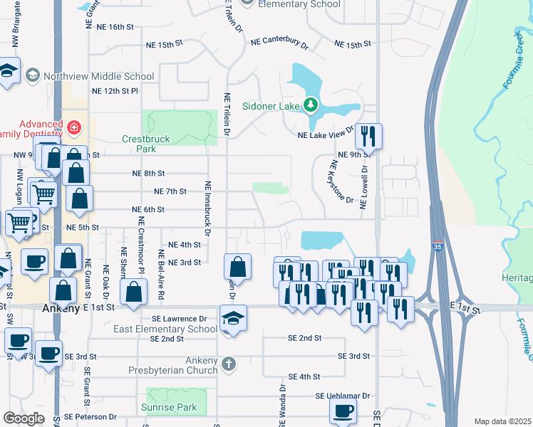 map of restaurants, bars, coffee shops, grocery stores, and more near 509 Northeast Wanda Drive in Ankeny