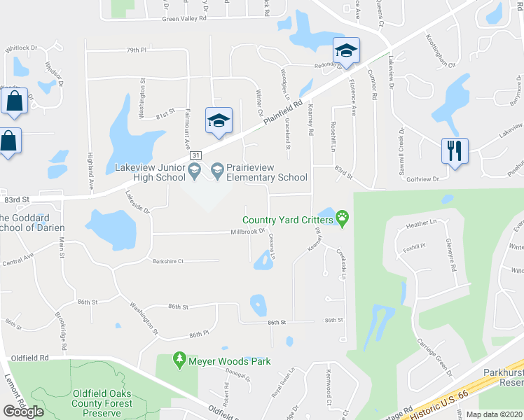 map of restaurants, bars, coffee shops, grocery stores, and more near 8320 Millbrook Drive in Downers Grove