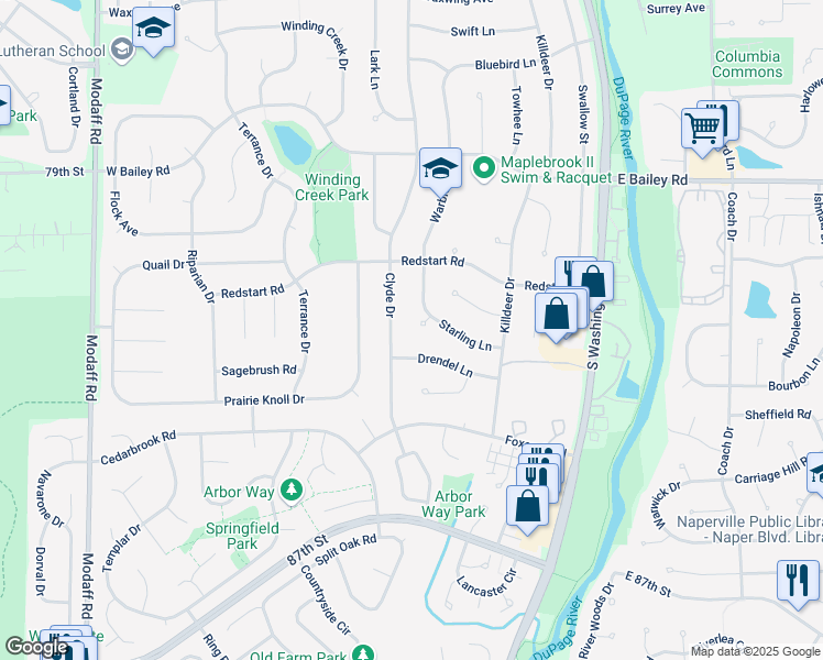 map of restaurants, bars, coffee shops, grocery stores, and more near 1745 Dipper Court in Naperville