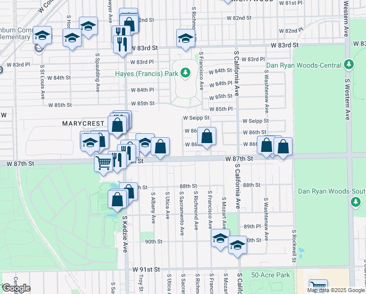 map of restaurants, bars, coffee shops, grocery stores, and more near 8643 S Sacramento Ave in Chicago