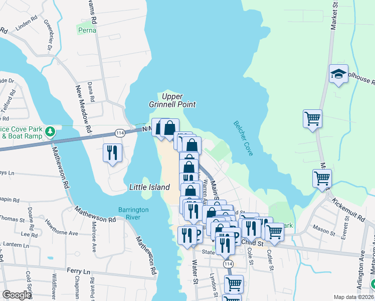 map of restaurants, bars, coffee shops, grocery stores, and more near 121 North Main Street in Warren