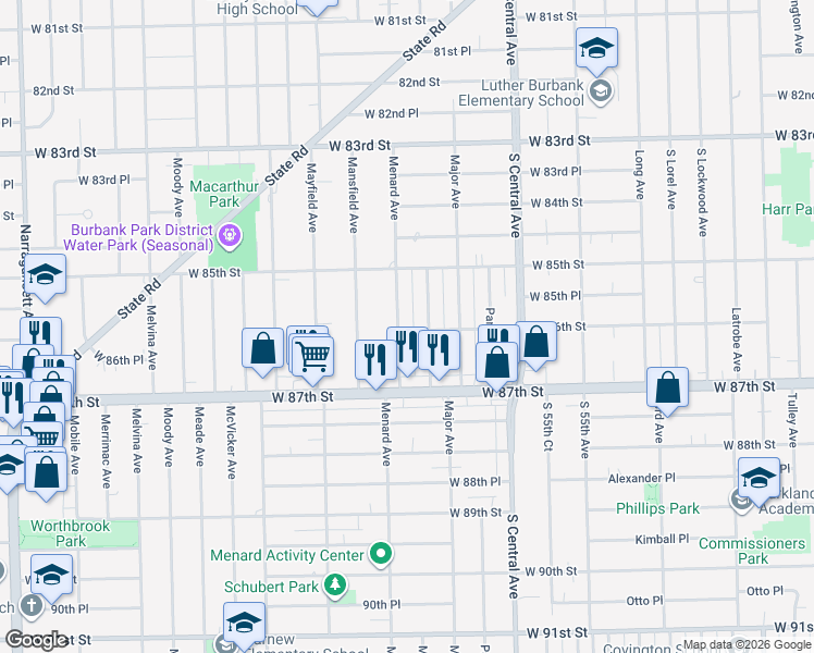 map of restaurants, bars, coffee shops, grocery stores, and more near 8555 Menard Avenue in Burbank