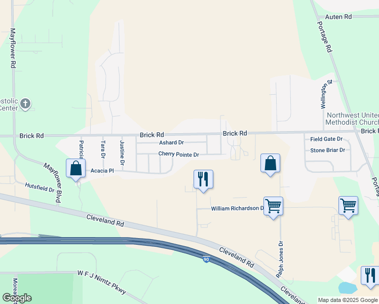 map of restaurants, bars, coffee shops, grocery stores, and more near 4209 Cherry Pointe Drive in South Bend