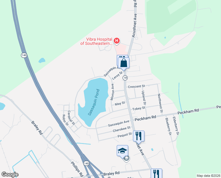 map of restaurants, bars, coffee shops, grocery stores, and more near 1507 Morton Avenue in New Bedford