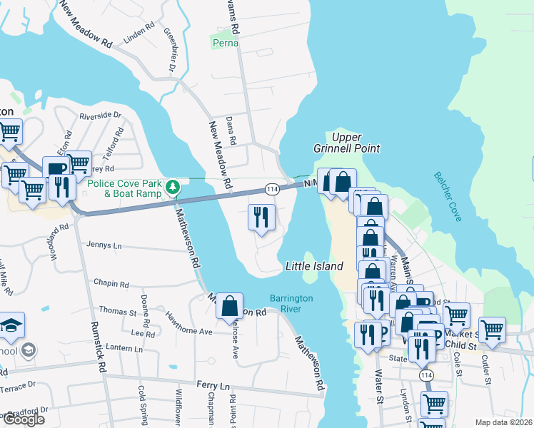 map of restaurants, bars, coffee shops, grocery stores, and more near 12 Jesse Davis Lane in Barrington
