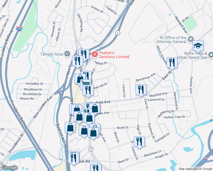 map of restaurants, bars, coffee shops, grocery stores, and more near 65 Oak Hill Drive in Cranston