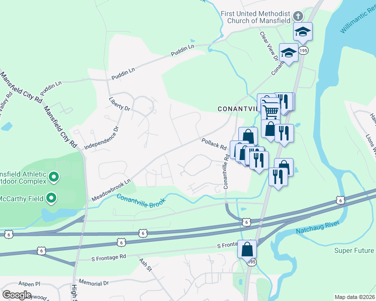 map of restaurants, bars, coffee shops, grocery stores, and more near 55 Meadowbrook Lane in Mansfield