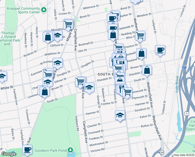 map of restaurants, bars, coffee shops, grocery stores, and more near 190 Standish Street in Hartford
