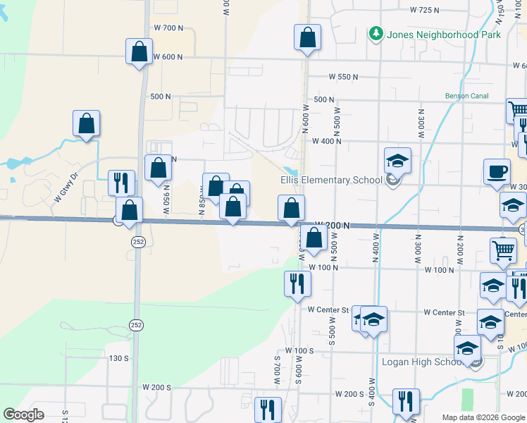 map of restaurants, bars, coffee shops, grocery stores, and more near 695 West 200 North in Logan