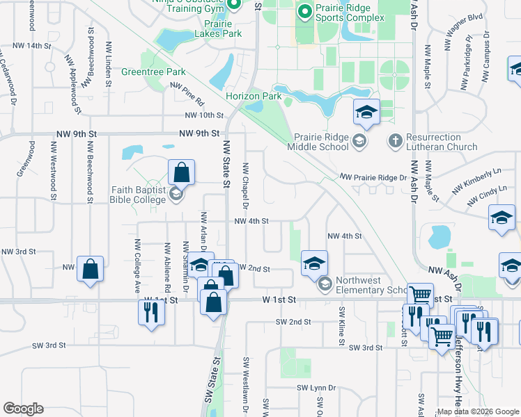 map of restaurants, bars, coffee shops, grocery stores, and more near 418 Northwest Bayberry Court in Ankeny
