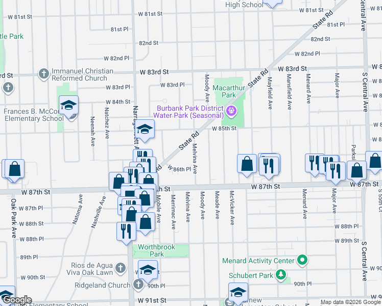 map of restaurants, bars, coffee shops, grocery stores, and more near 8550 Melvina Avenue in Burbank