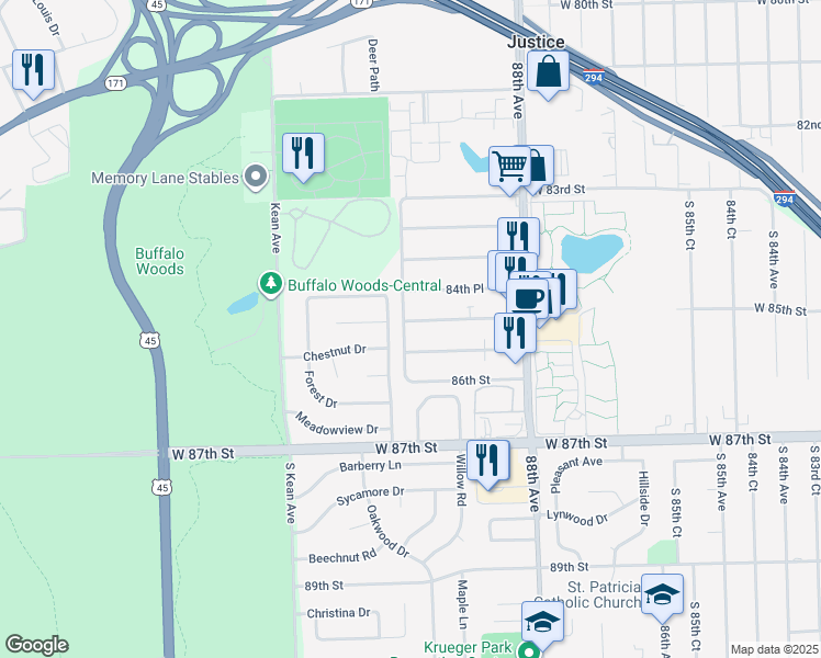 map of restaurants, bars, coffee shops, grocery stores, and more near 8959 West 85th Street in Justice